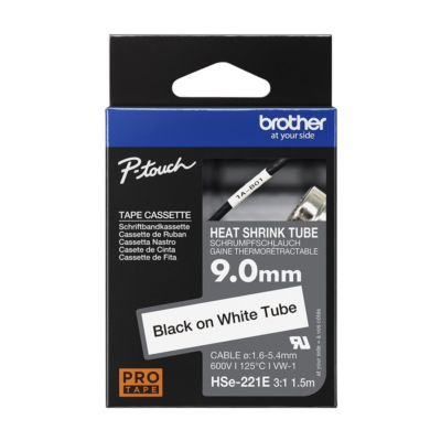 Brother HSe-221E - Negro sobre blanco - Rollo (0,9 cm x 1,5 m) 1 cinta(s) caja para colgar - cinta tubo termorretráctil - para P-Touch PT-D800, PT-E300, PT-E310, PT-E550, PT-P700, PT-P750, PT-P900, PT-P950